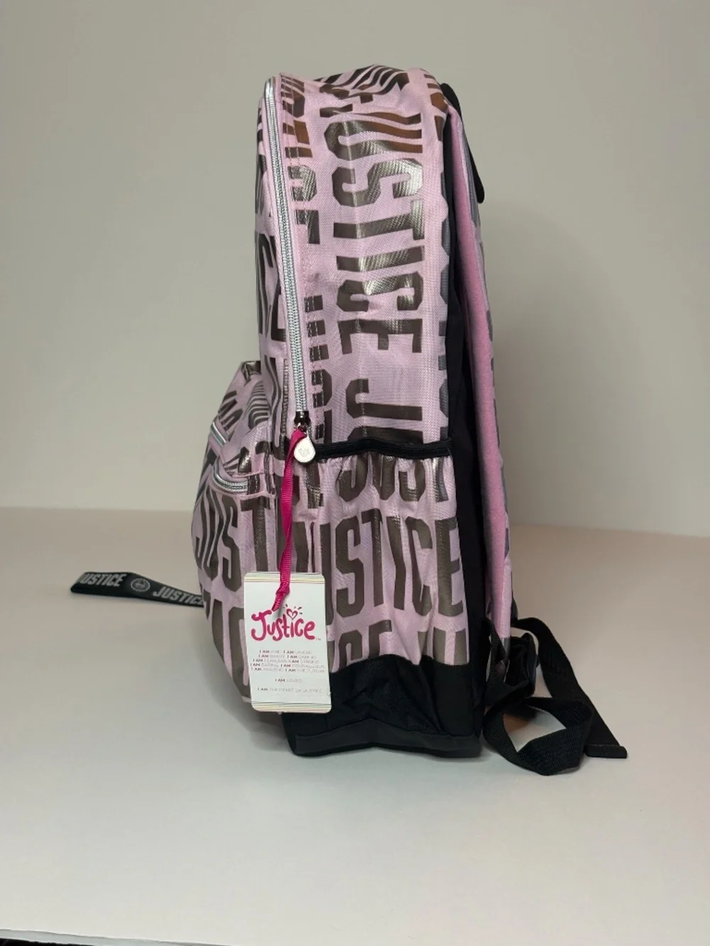 Justice Girls Pink Metallic Logo Backpack NWT 17